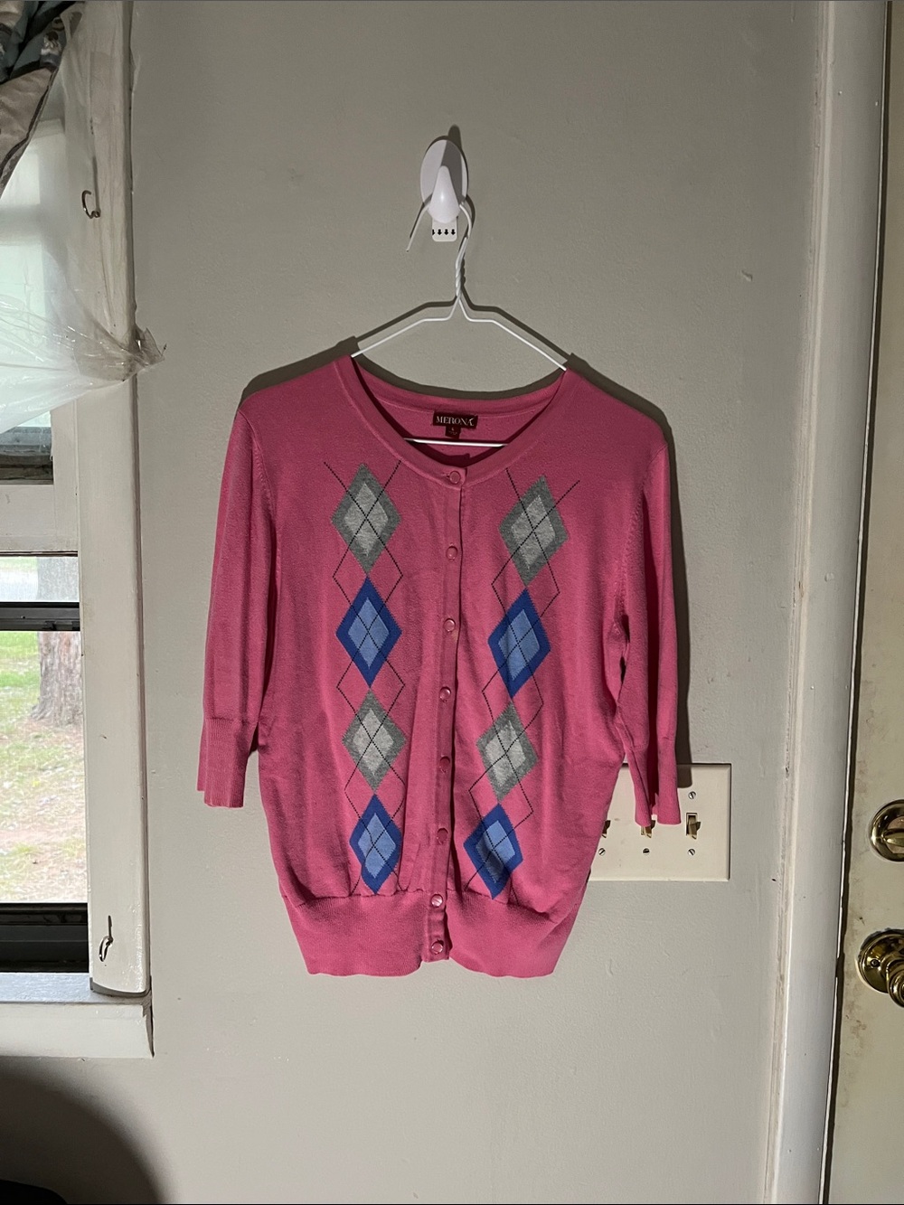 Merona Pink Argyle Button-Up Cardigan with Blue and Gray Diamonds